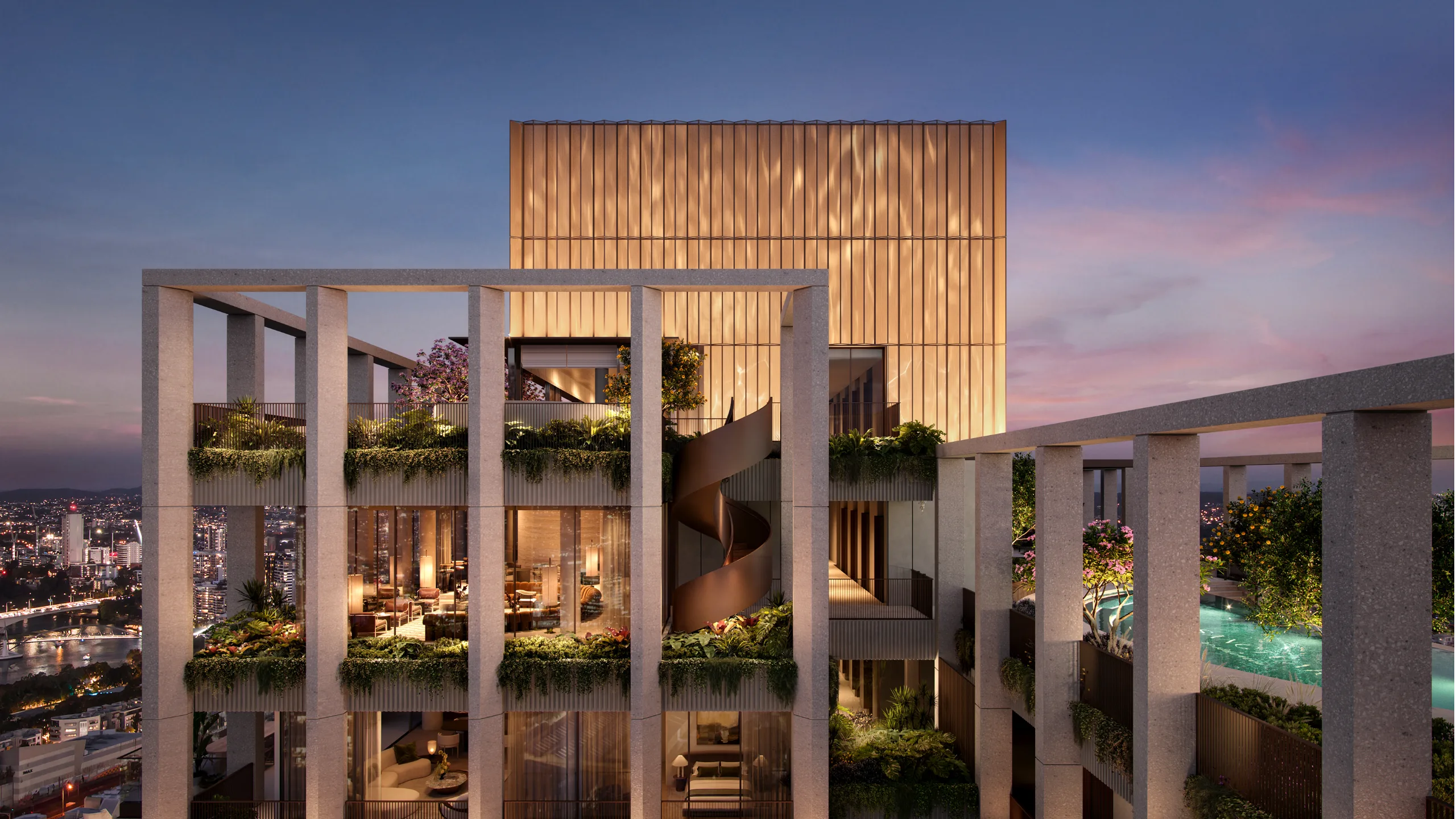 View at sunset over rooftop of Santuary by Aria in Brisbane