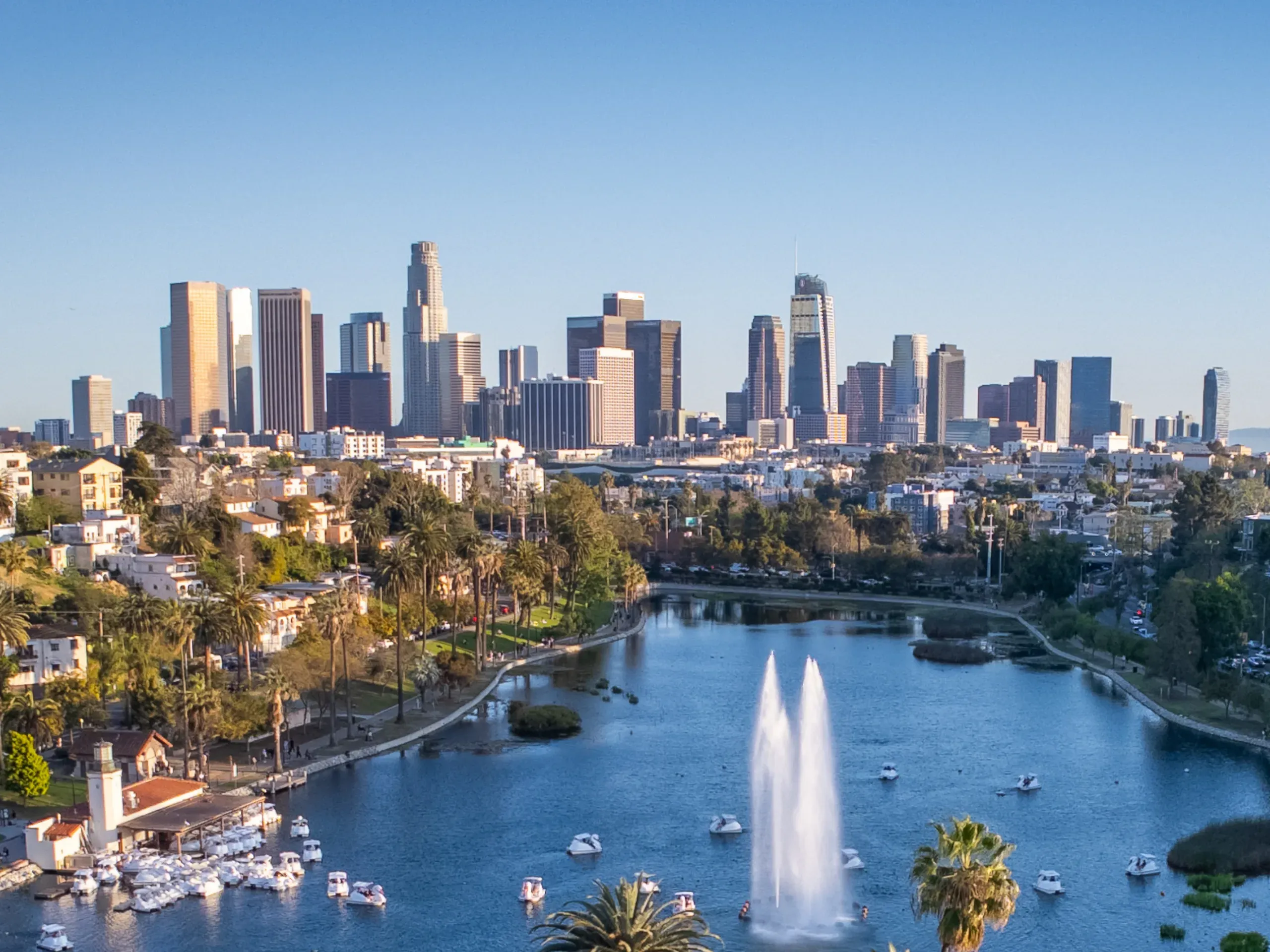 Echo Park and the skyline of Los Angeles, California, USA. 