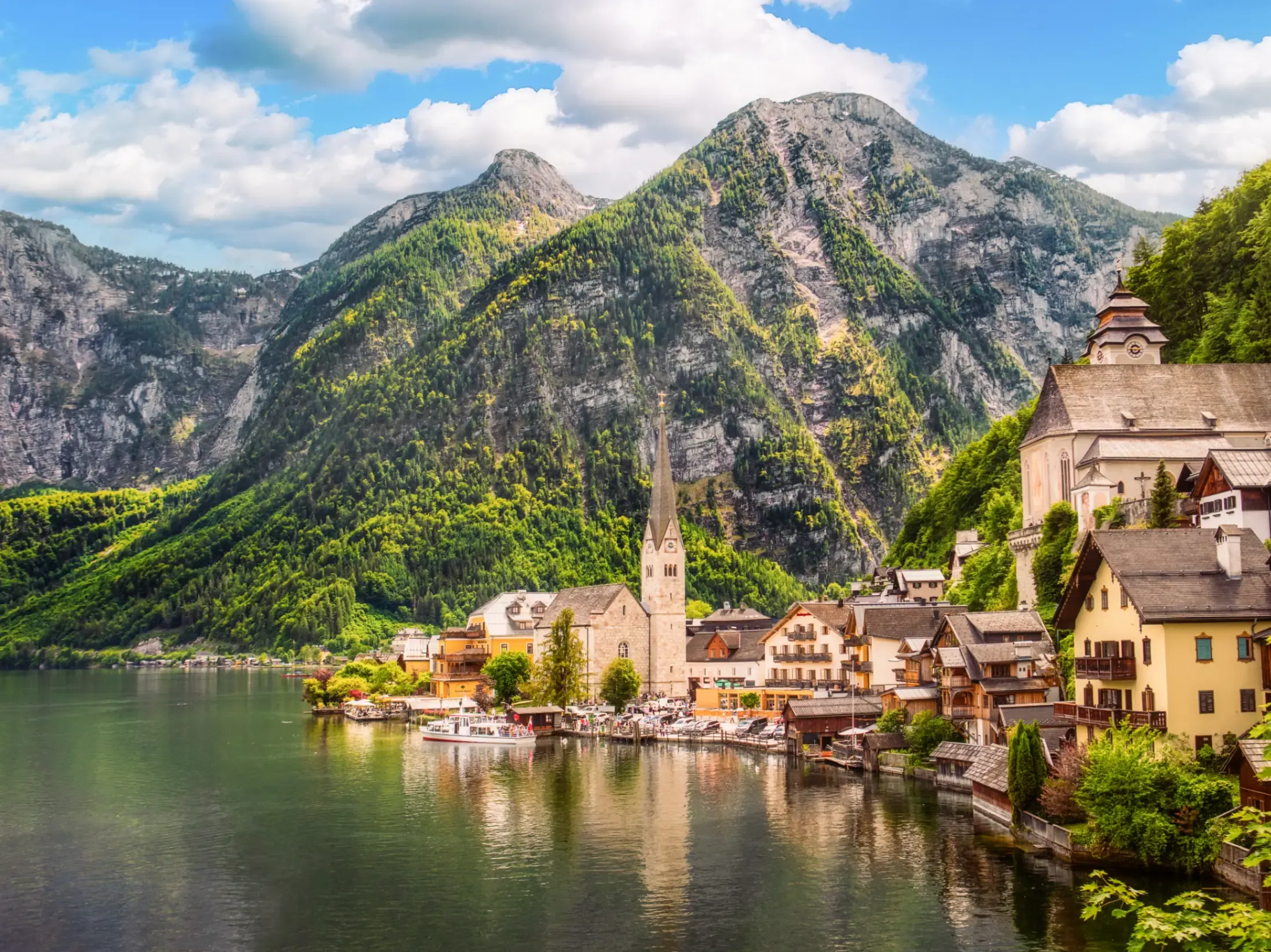Scenic mountains surround the picturesque Austrian town of Halstatt. 