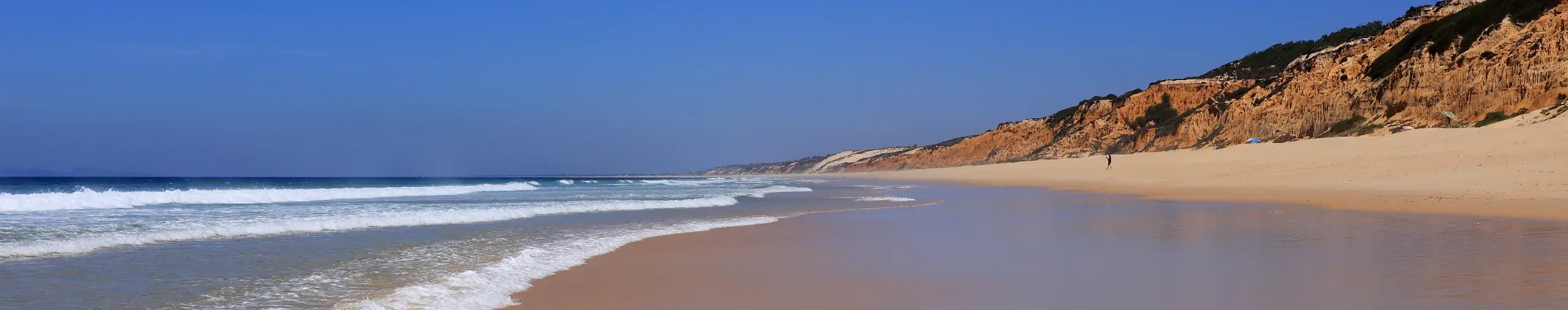 The Atlantic ocean washing onto a deserted sandy beach, on the Alentejo coast, Comporta, Portugal. 