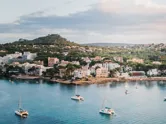 Boats moored off the Santa Ponsa coastline, Majorca, Spain.