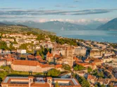 Aerial view of Lausanne at sunset. 
