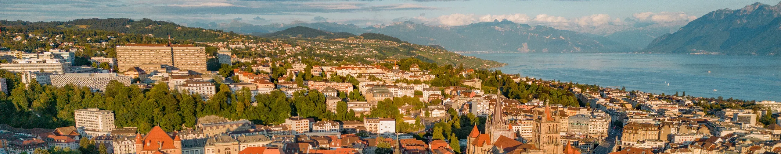 Aerial view of Lausanne at sunset. 