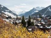 Snowy rooftops and mountains in Gstaad. 